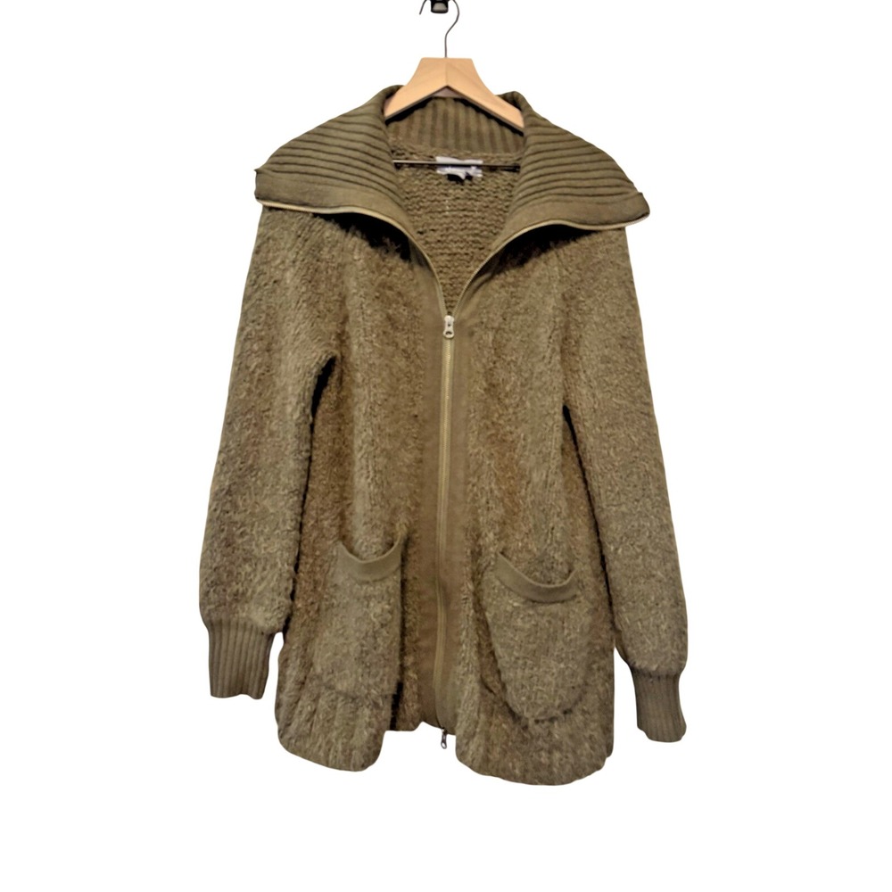 Anthropologie Bethenny Zip-Front Cardigan Olive Size Medium Fuzzy Double Zipper